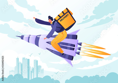 Concept of fastest delivery. Fast as a rocket. Young man, courier, in flat cartoon style, flies on rocket with backpack on his back, above city in clouds. Delivery of food, groceries, household items 