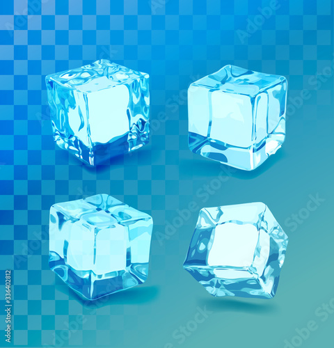 Realistic ice cubes set. Blue ice collection, isolated, refresh, transparent background.