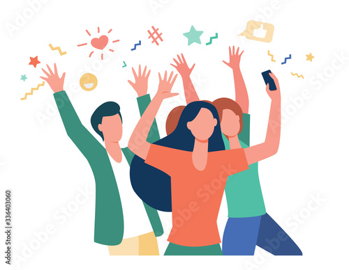 Happy young people taking photo via mobile phone flat vector illustration. Cheerful group of characters having fun and posing for picture. Digital technology and friendship concept