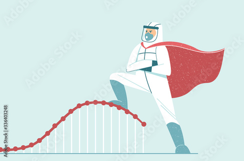 Doctor wearing full protective gear in superhero cape work to flatten the curve to slow COVID-19 infection. stop spreading coronavirus infection.  Flat vector character  photo