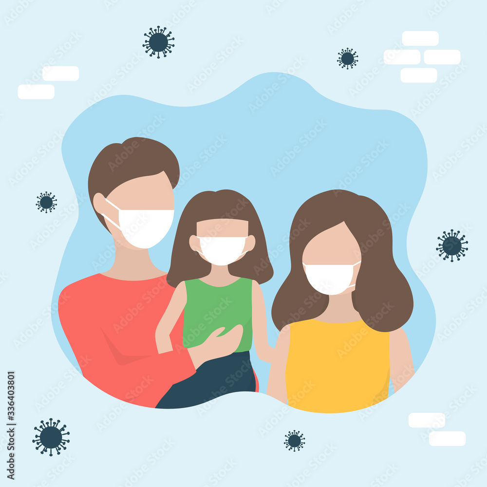 Family staying together in house, wearing face mask to protect against Coronavirus pandemic or Covid-19. Stay home stay safe campaign to control the spread of the virus. Illustration in flat style. Family staying together in house, wearing face mask to protect against Coronavirus pandemic or Covid-19. Stay home stay safe campaign to control the spread of the virus. Illustration in flat style.