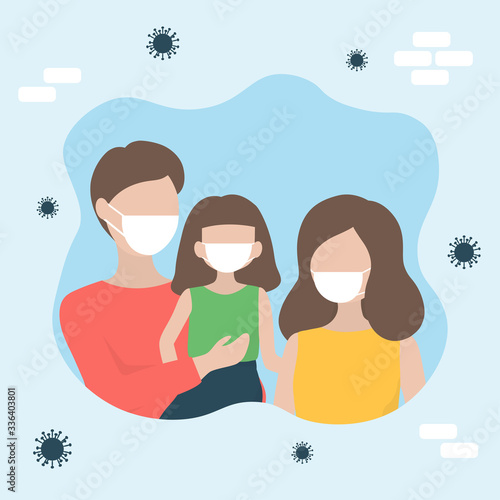Family staying together in house, wearing face mask to protect against Coronavirus pandemic or Covid-19. Stay home stay safe campaign to control the spread of the virus. Illustration in flat style.