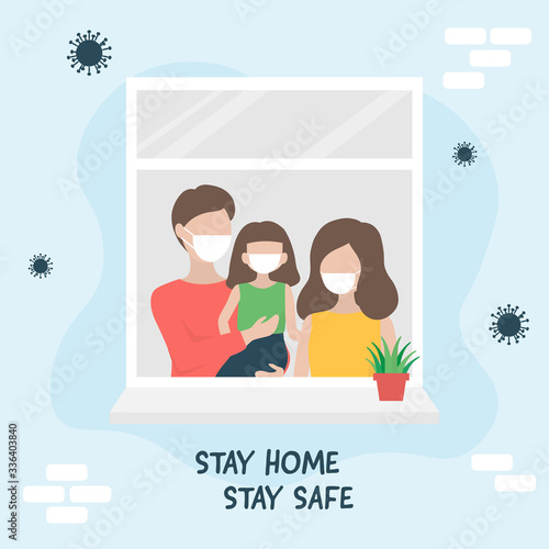 Family staying together in house, wearing face mask to protect against Coronavirus pandemic or Covid-19. Stay home stay safe campaign to control the spread of the virus. Illustration in flat style.