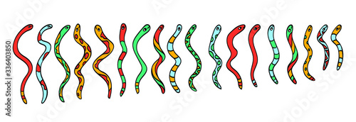 Set of funny colorful crawling snakes. Cartoon characters of various snakes. Isolated flat vector design for postcard, invitations, sticker or children’s book