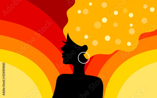 Black profile silhouette of woman with long wavy red hair and bokeh lights on them, white round ring earring and long eyelashes. Orange, yellow, red stripes background. Vector graphics, illustration