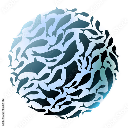 Fish ball logo design template.  
decorative flock of fish in the shape of a ball. Vector illustration.