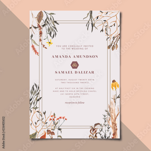 Wedding invitation card with floral watercolor