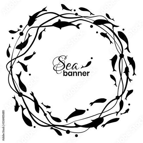 Circle logo design template with fish silhouettes and seaweed . Abstract frame with fish.   Vector illustration.