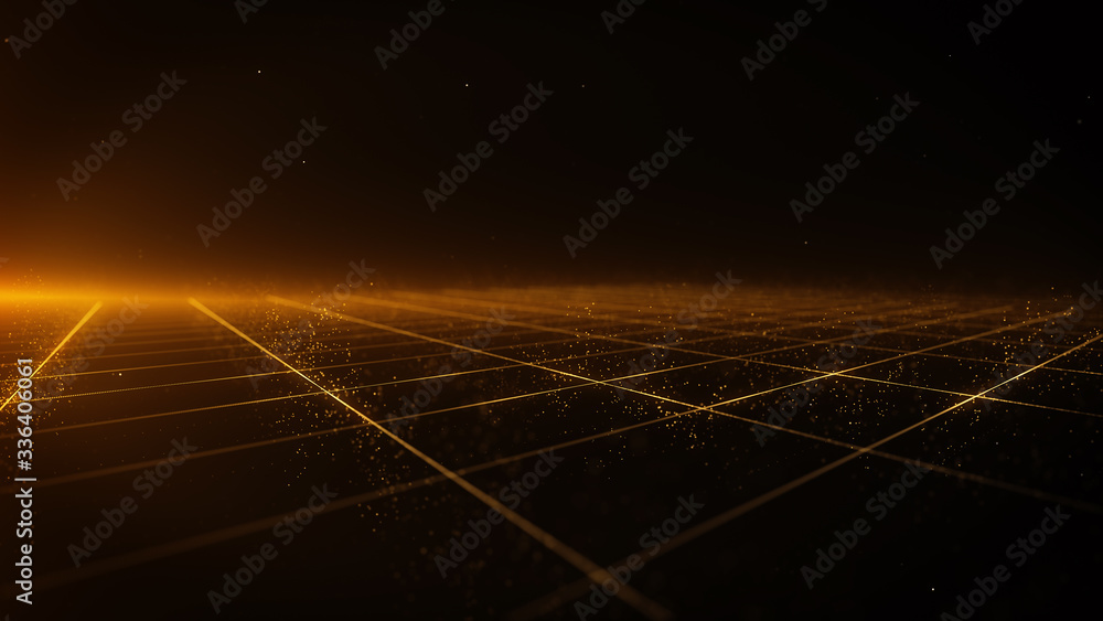 © sKjust - Abstract background shining golden floor ground particles stars dust perspective grid with flare. Futuristic glittering in space on black background.