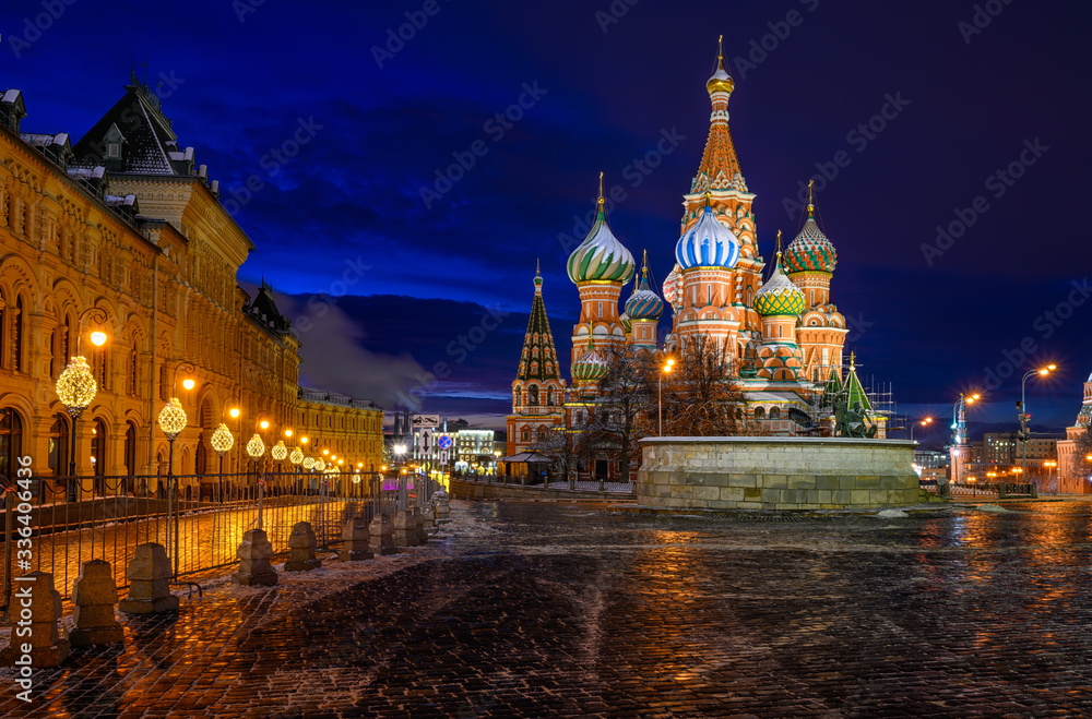 Saint Basil's Cathedral and Red Square in Moscow, Russia. Architecture and landmarks of Moscow. Night cityscape of Moscow