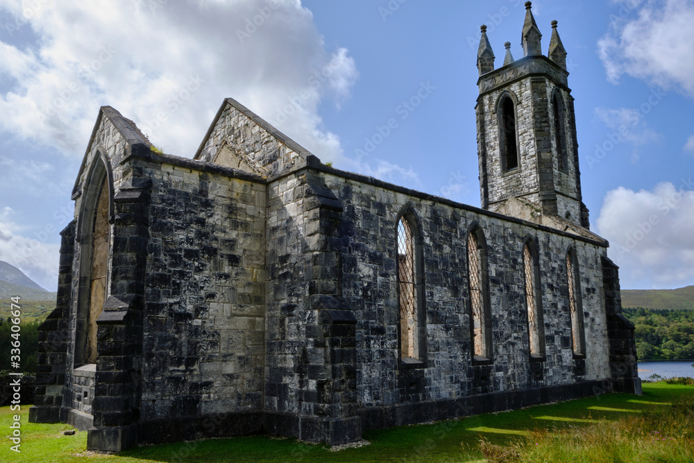 The ruins of Dunlewey Church, located in Poisoned Glen, County Donegal, Ireland