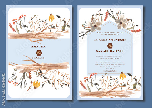 blue wedding stationery with floral watercolor