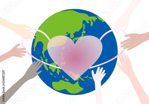 地球にマスクをかける人々の手（北半球）