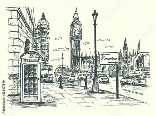 London city scene with Big Ben, road, traffic, architecture, telephone booth. Hand drawn style, isolated, vector, illustration.
