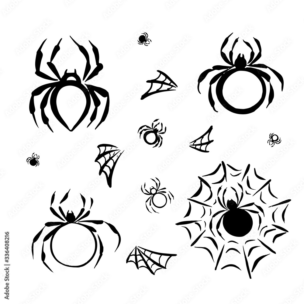 Monochrome vector set of spiders and spider web hand drawn.Isolated design elements on a white background. Monochrome vector set of spiders and spider web hand drawn.Isolated design elements on a white background.