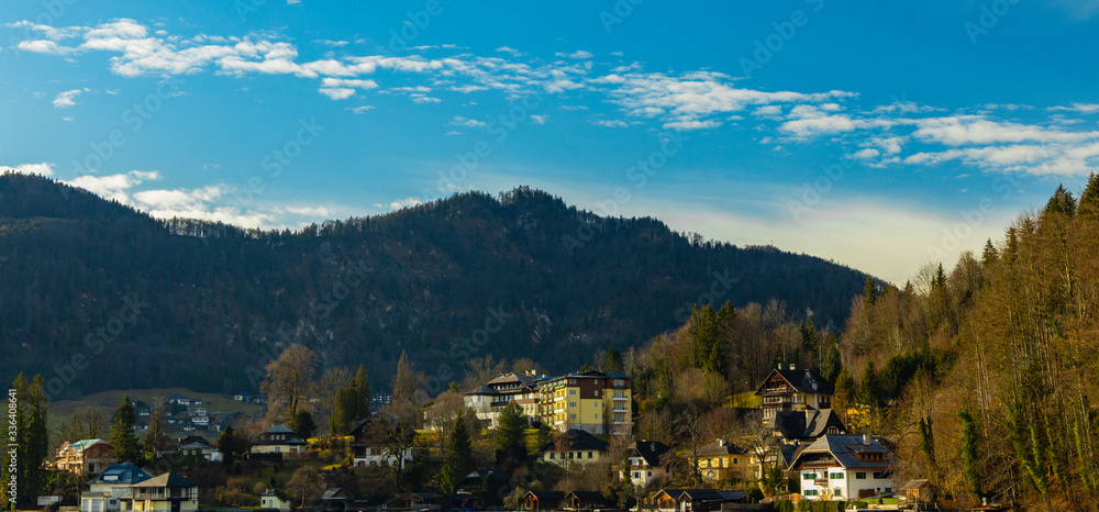 Fototapeta premium panorama landscape European village Alps mountain forest nature scenic environment clear weather day of autumn season