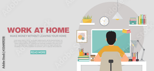 banner template with young man working at home, vector illustration