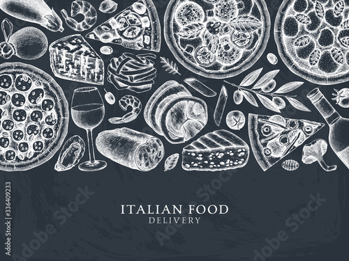 Hand drawn pizza, pasta, ravioli and ingredients top view frame. Italian food and drinks menu design. Engraved style Italian food template. Italian cuisine vintage sketch for food delivery, pizzeria.