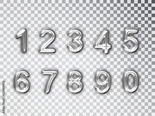 Silver numbers set isolated. Realistic Silver shiny 3d numbers with shadow. For decoration of cute wedding, anniversary party label