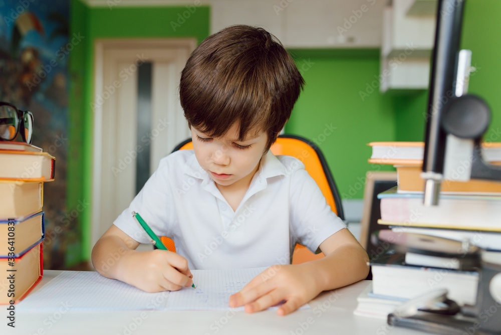 The boy is studying at home during CoVid-19 quarantine, distance learning online with a laptop, the child is doing homework for school. The schoolboy stayed at home. The boy is studying at home during CoVid-19 quarantine, distance learning online with a laptop, the child is doing homework for school. The schoolboy stayed at home.