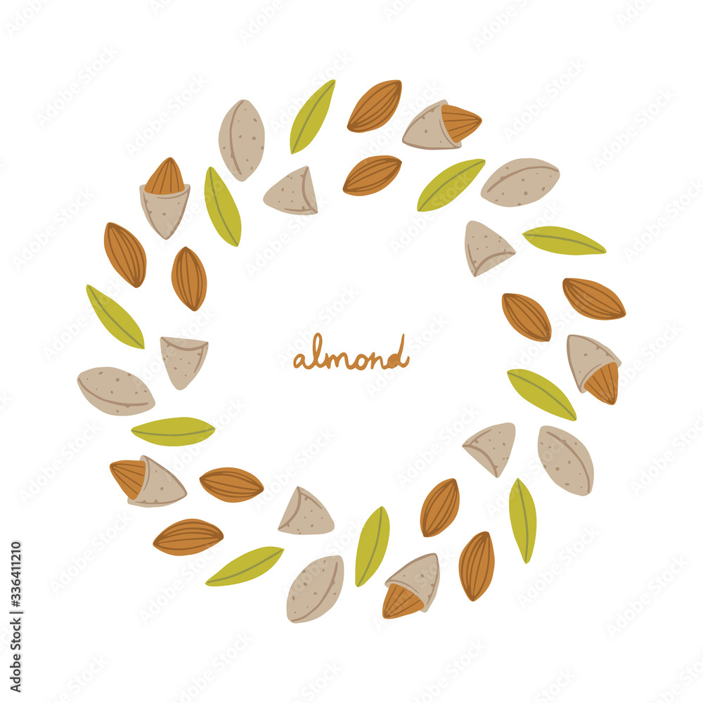 cirlce frame of almonds on the white background. hand drawn wreath. Nut ornament for wallpapers, polygraphy, textiles, web page design, surface textures cirlce frame of almonds on the white background. hand drawn wreath. Nut ornament for wallpapers, polygraphy, textiles, web page design, surface textures