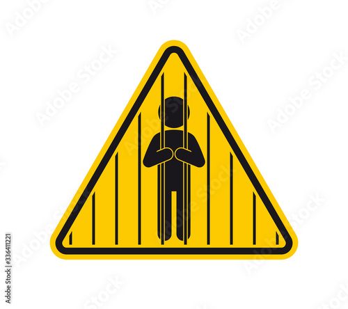 Vector yellow triangle sign - black silhouette human in jail behind bars. Human in quarantine. Isolated on white background.