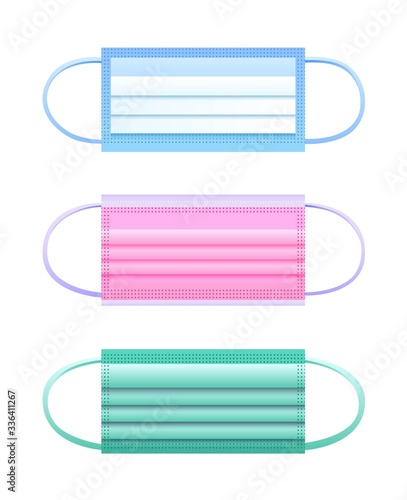 Set of safety breathing antiviral medical masks for protection against coronavirus and pollution.  Industrial safety N95 mask, medical respiratory bandage on face, surgical protective mask, icons