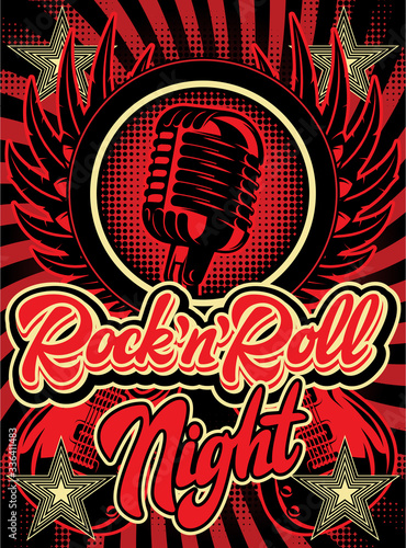 Color vector illustration with microphone, wings, stage with red curtains