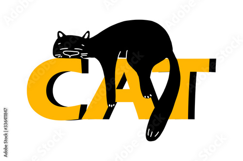a lazy black cat is lying on the inscription in large letters cat .Vector illustration in the style of a cartoon.isolated on a white background. suitable for postcards, cap designs, posters, mugs.