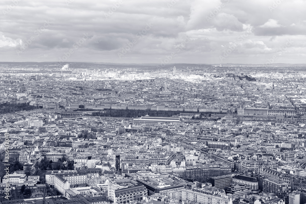 Panorama of modern Paris in black and white
