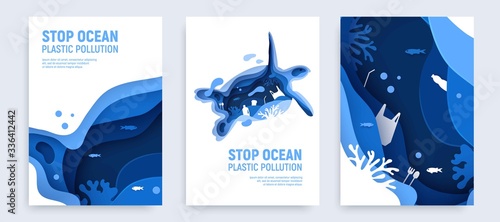 Ocean plastic pollution banner set with turtle silhouette. Paper cut tortoise with plastic rubbish, fish, bubbles and coral reefs isolated on white background. Paper art vector illustration © janevasileva