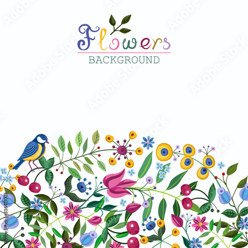 Summer blooming background with fancy flowers and blue tit.