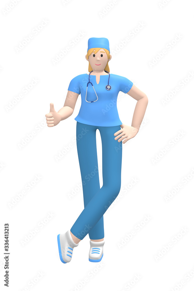 Medical character young white female doctor thumb up. Concept like, good, success. Cartoon person isolated on a white background. 3D rendering. Medical character young white female doctor thumb up. Concept like, good, success. Cartoon person isolated on a white background. 3D rendering.