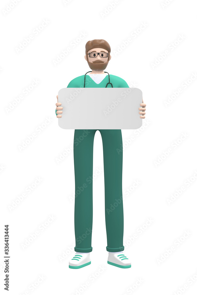 Medical character Young white man doctor holding a blank board for copy space. Cartoon person isolated on a white background. 3D rendering. Medical character Young white man doctor holding a blank board for copy space. Cartoon person isolated on a white background. 3D rendering.