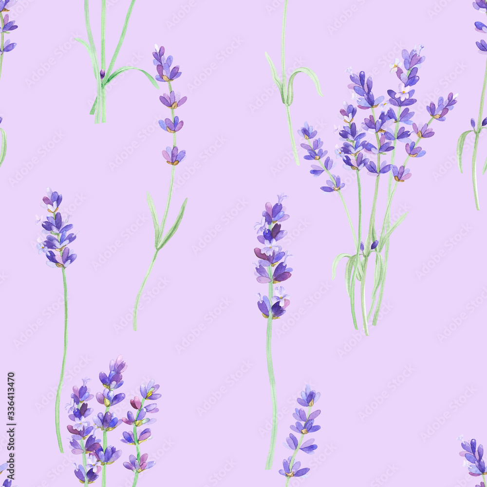 Naklejka premium Watercolor pattern with lavender on isolated white background, watercolor hand drawing. Fabric wallpaper print texture. Stock illustration.