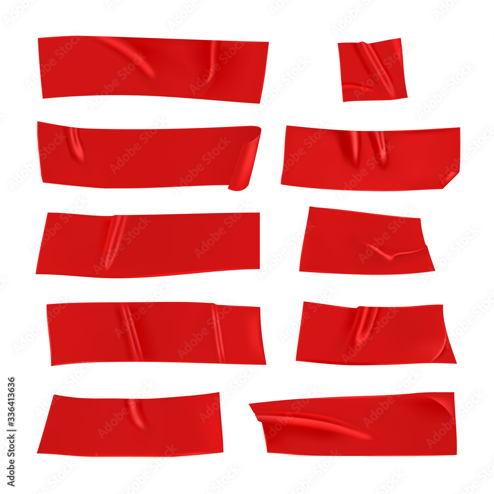 Red duct tape set. Realistic red adhesive tape pieces for fixing isolated on white background. Scotch paper glued. Realistic 3d vector illustration Red duct tape set. Realistic red adhesive tape pieces for fixing isolated on white background. Scotch paper glued. Realistic 3d vector illustration