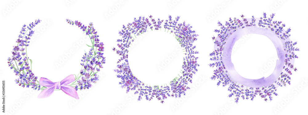 Floral round frame with lavender on isolated white background. Design artwork for the poster, tee shirt, wedding invitation, home decor. Lavender wreath. Floral round frame with lavender on isolated white background. Design artwork for the poster, tee shirt, wedding invitation, home decor. Lavender wreath.