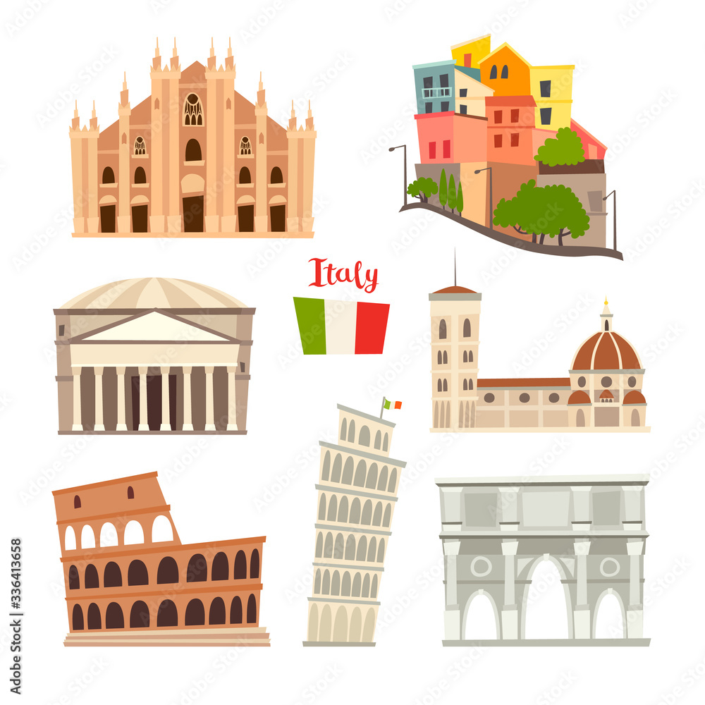 Italy landmarks vector icons set. Illustrated travel collection. Italian Sardinia island cartoon style. Milan Cathedral and Pisa Tower. Coliseum, Rome drawn art sign. Isolated on white background