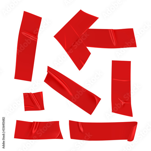 Red duct tape set. Realistic red adhesive tape pieces for fixing isolated on white background. Arrow and paper glued. Realistic 3d vector illustration