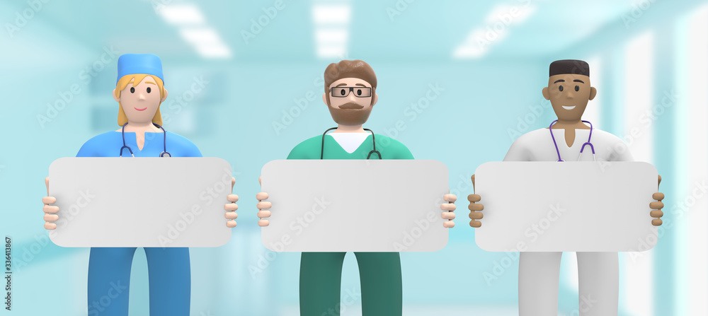 Multinational team of doctors in the medical interior are holding an empty board, template, copy space layout. Cartoon character on a blue background. 3D rendering. Multinational team of doctors in the medical interior are holding an empty board, template, copy space layout. Cartoon character on a blue background. 3D rendering.
