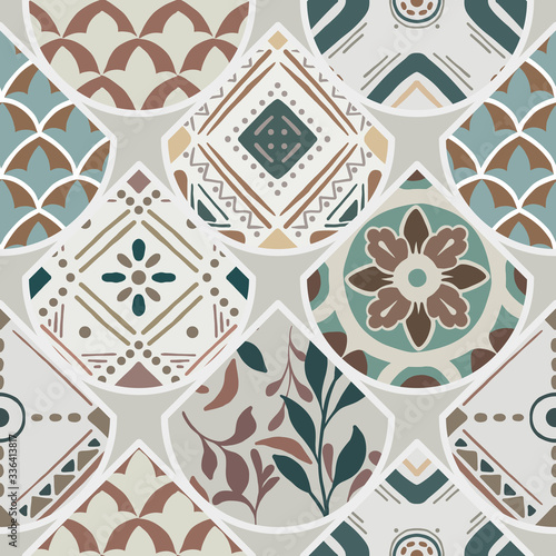 Luxury oriental tile seamless pattern in style of colorful floral patchwork boho chic with mandala in triangle design elements. Flower vector ornament background with eastern motif