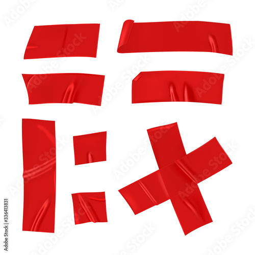 Red duct tape set. Realistic red adhesive tape pieces for fixing isolated on white background. Cross and paper glued. Realistic 3d vector illustration
