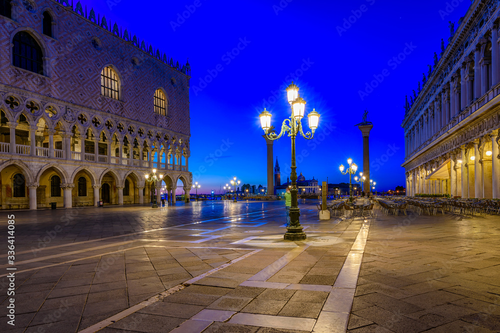 Night view of piazza San Marco, Doge's Palace (Palazzo Ducale) in Venice, Italy. Architecture and landmark of Venice. Night cityscape of Venice.