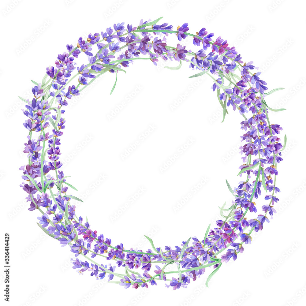 Floral round frame with lavender on isolated white background. Design artwork for the poster, tee shirt, wedding invitation, home decor. Lavender wreath. Floral round frame with lavender on isolated white background. Design artwork for the poster, tee shirt, wedding invitation, home decor. Lavender wreath.