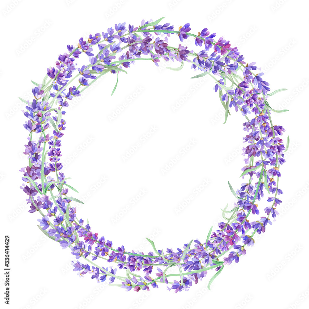 Floral round frame with lavender on isolated white background. Design artwork for the poster, tee shirt, wedding invitation, home decor. Lavender wreath.