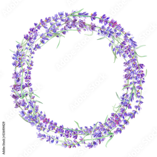 Floral round frame with lavender on isolated white background. Design artwork for the poster, tee shirt, wedding invitation, home decor. Lavender wreath.