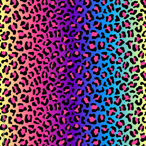 Colorful leopard seamless pattern. Neon rainbow colored gradient background. Vector wallpaper. 