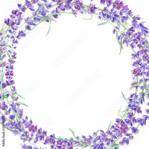 Floral round frame with lavender on isolated white background. Design artwork for the poster, tee shirt, wedding invitation, home decor. Lavender wreath.