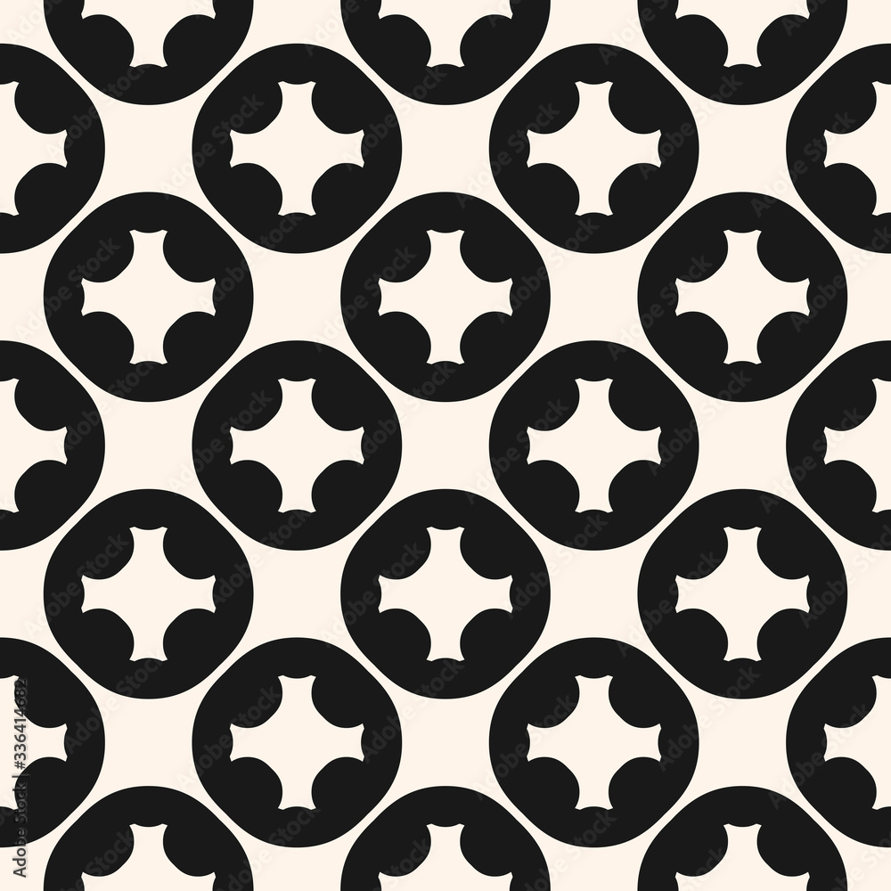 Vector geometric seamless pattern with carved circular shapes, crosses. Tiling texture. Abstract monochrome background, repeat tiles. Square design element for decor, ceramic, textile, manufacturing Vector geometric seamless pattern with carved circular shapes, crosses. Tiling texture. Abstract monochrome background, repeat tiles. Square design element for decor, ceramic, textile, manufacturing