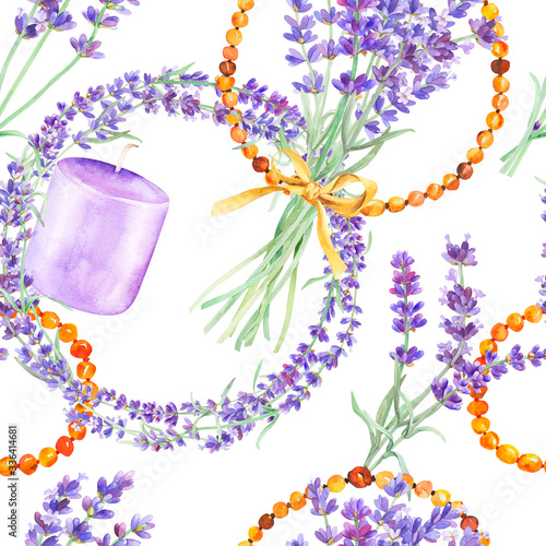 Watercolor pattern with lavender and amber beads, seamless pattern, watercolor hand drawing. Stock illustration. Fabric wallpaper print texture.